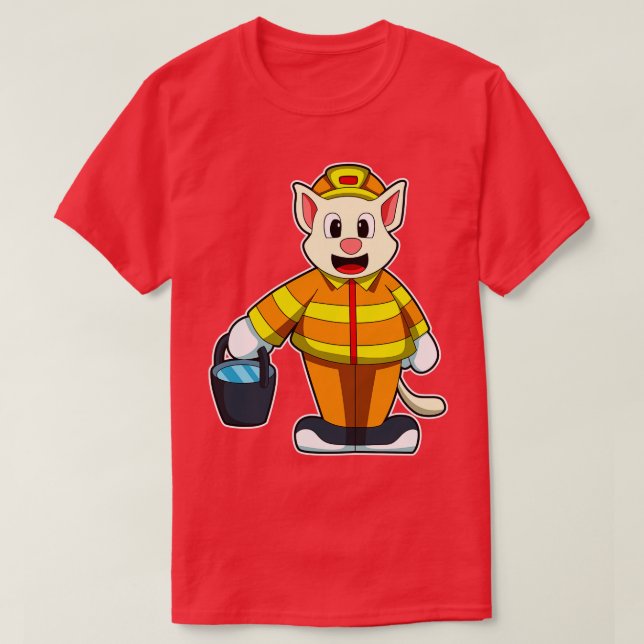 Cat as Firefighter with Bucket of Water T-Shirt (Design Front)