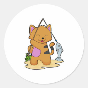 Cat as Fisher with Fishing rod & Fish Classic Round Sticker