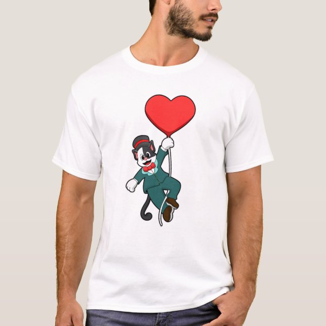 Cat as Groom with Heart Balloon T-Shirt (Front)