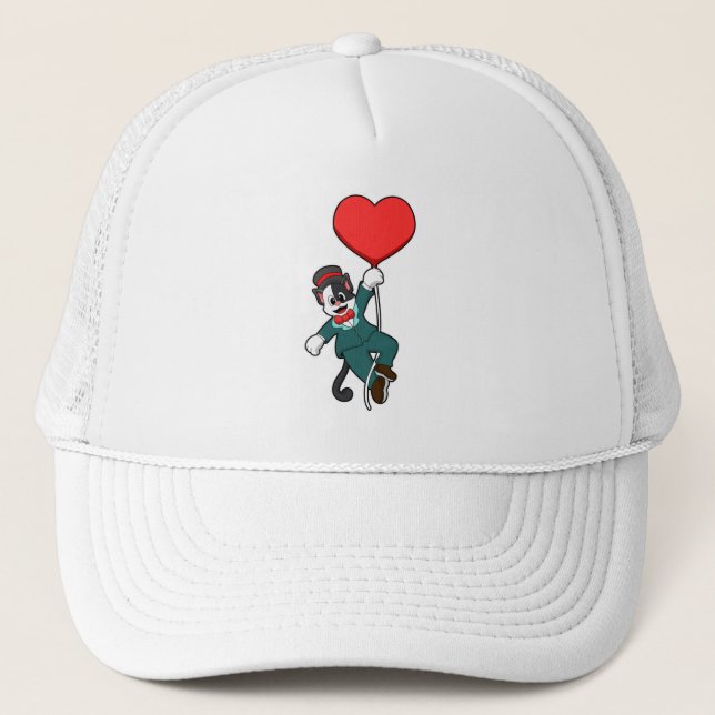 Cat as Groom with Heart Balloon Trucker Hat (Front)