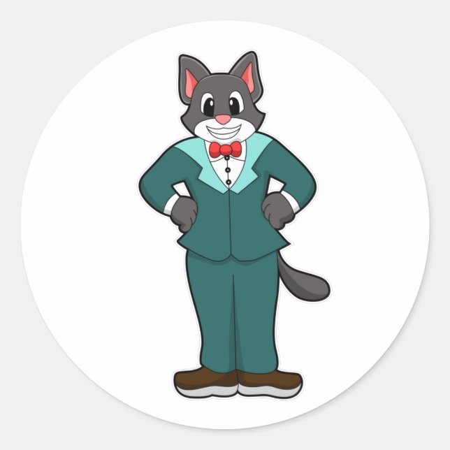 Cat as Groom with Suit & Ribbon Classic Round Sticker (Front)