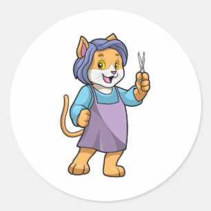 Cat as Hairdresser with Scissors Classic Round Sticker
