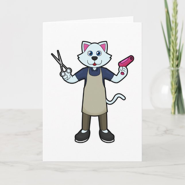 Cat as Hairdresser with Scissors & Hair dryer Card (Front)