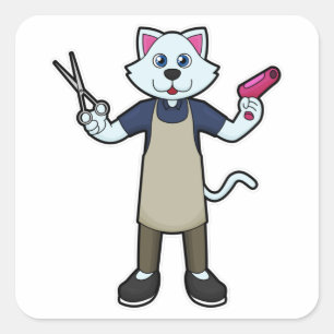 Cat as Hairdresser with Scissors & Hair dryer Square Sticker