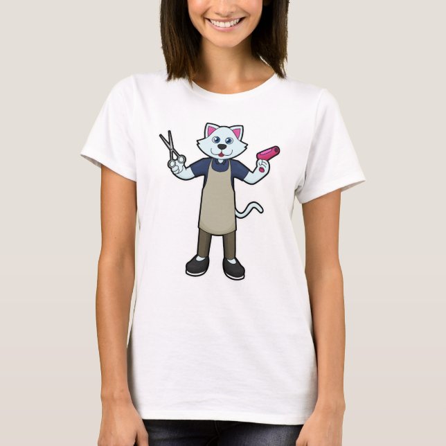 Cat as Hairdresser with Scissors & Hair dryer T-Shirt (Front)