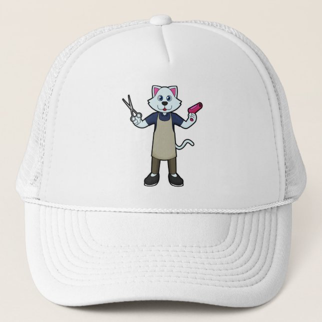 Cat as Hairdresser with Scissors & Hair dryer Trucker Hat (Front)