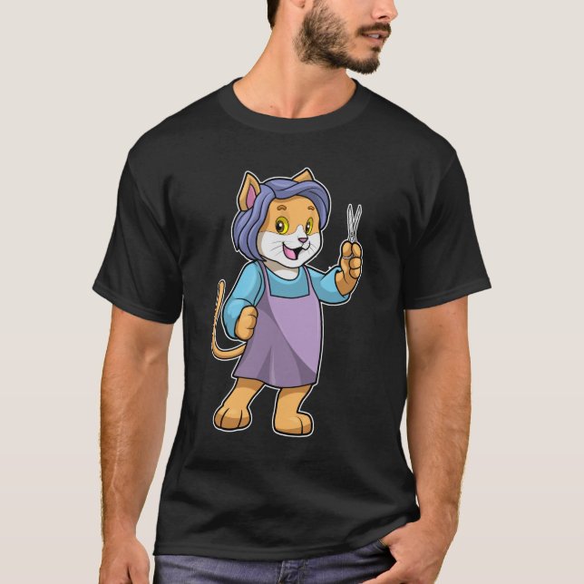 Cat as Hairdresser with Scissors T-Shirt (Front)