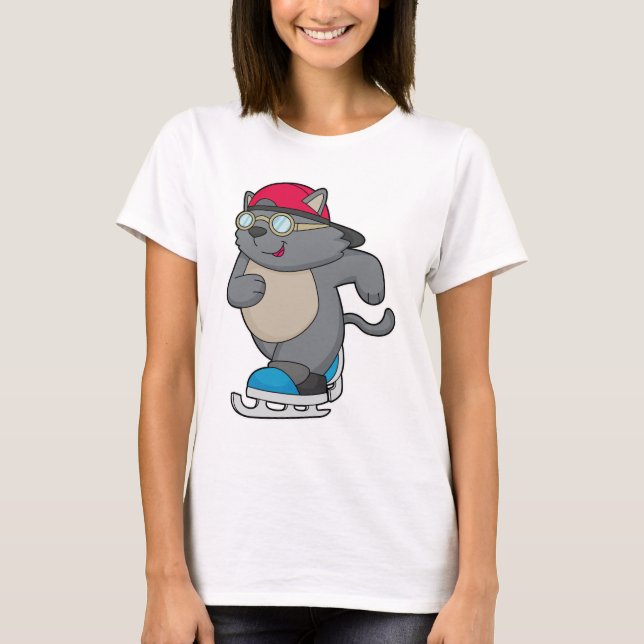 Cat as Ice Skater with Ice skates T-Shirt (Front)