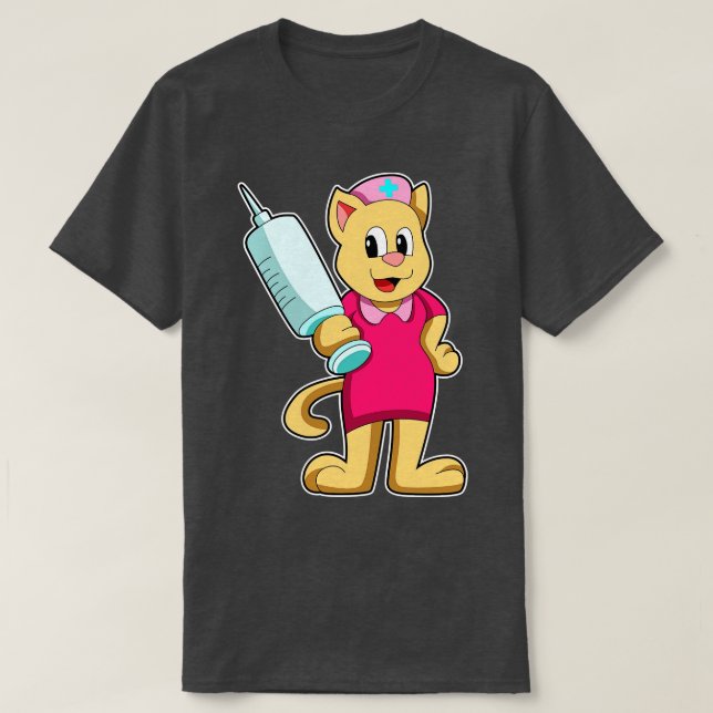 Cat as Nurse with Syringe T-Shirt (Design Front)