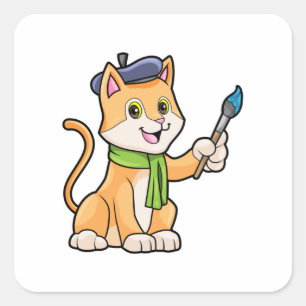 Cat as Painter with Brush & Scarf Square Sticker