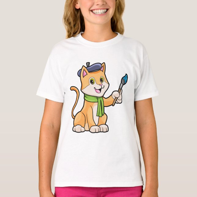Cat as Painter with Brush & Scarf T-Shirt (Front)