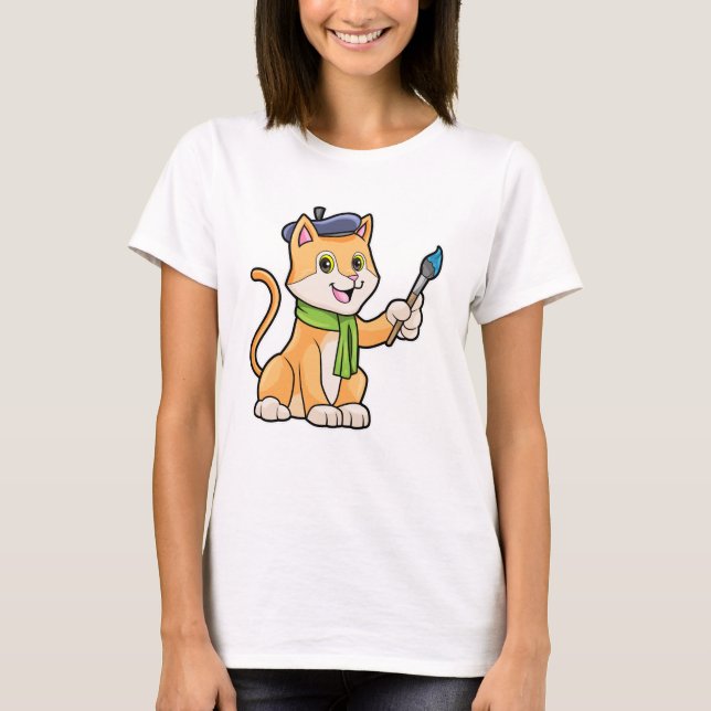 Cat as Painter with Brush & Scarf T-Shirt (Front)