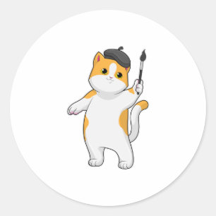 Cat as Painter with Paint brush Classic Round Sticker