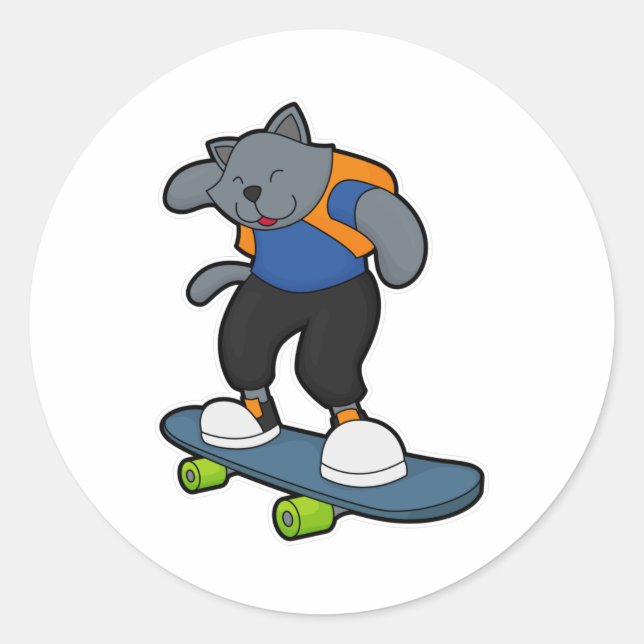 Cat as Skateboarder with Skateboard Classic Round Sticker (Front)