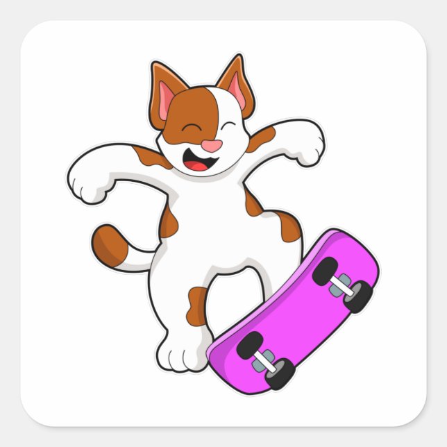 Cat as Skater with Skateboard Square Sticker (Front)