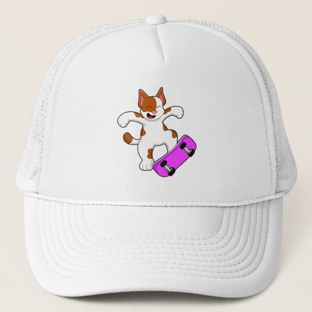 Cat as Skater with Skateboard Trucker Hat (Front)