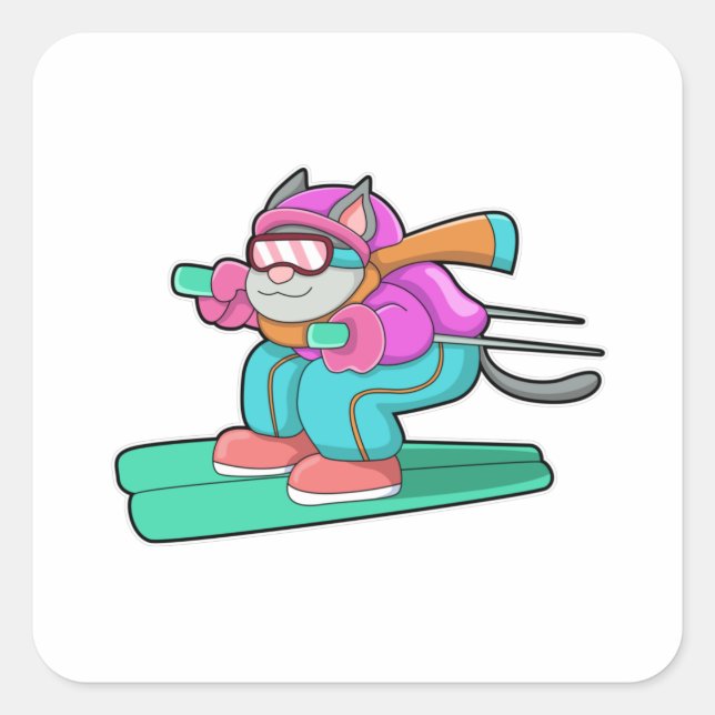 Cat as Ski jumper with Ski & Ski goggles Square Sticker (Front)