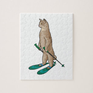 Cat as Skier with Ski & Ski poles Jigsaw Puzzle