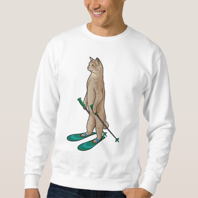 Cat as Skier with Ski & Ski poles Sweatshirt (Front)