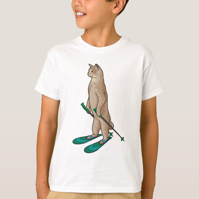 Cat as Skier with Ski & Ski poles T-Shirt (Front)