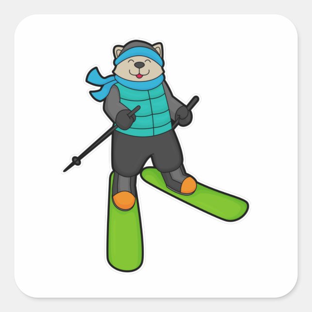 Cat as Skier with Ski Square Sticker (Front)