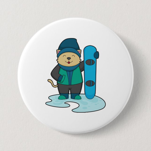 Cat as Snowboarder with Snowboard 7.5 Cm Round Badge (Front)