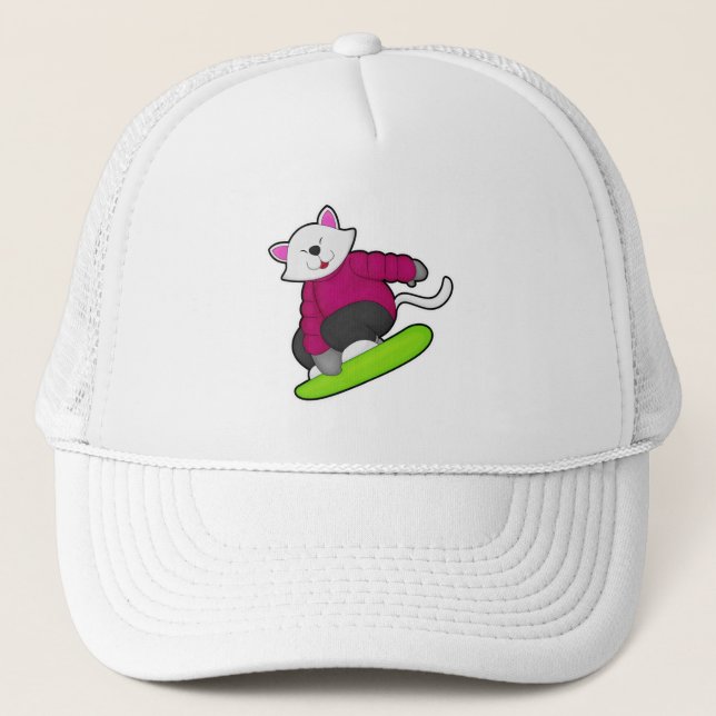 Cat as Snowboarder with Snowboard Trucker Hat (Front)