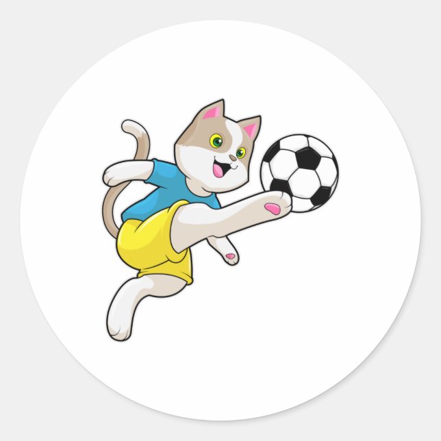 Cat as Soccer player with Soccer ball Classic Round Sticker (Front)
