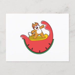 Cat as Surfer with Watermelon Postcard
