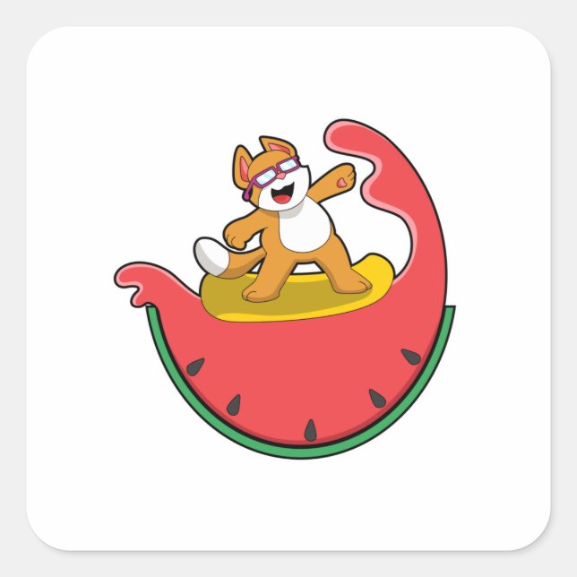 Cat as Surfer with Watermelon Square Sticker (Front)