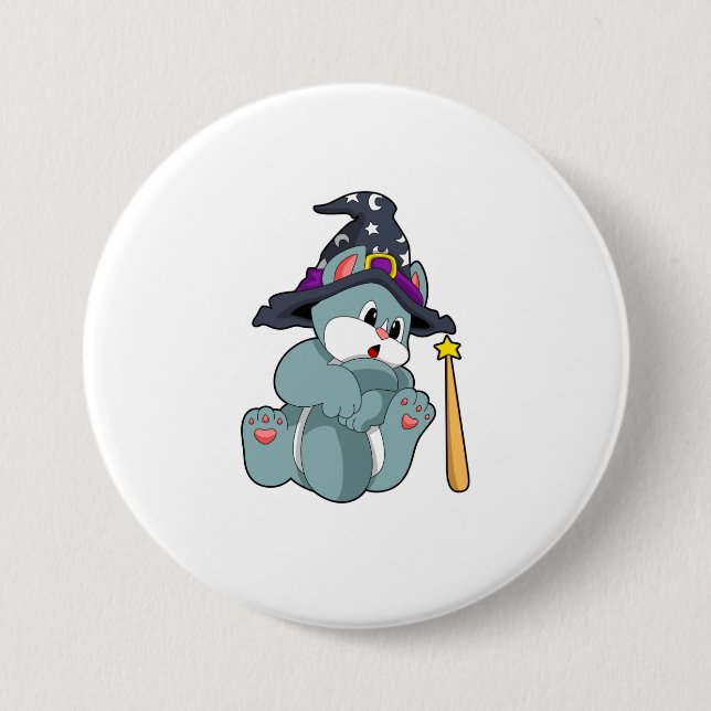 Cat as Wizard with Magic wand & Hat 7.5 Cm Round Badge (Front)