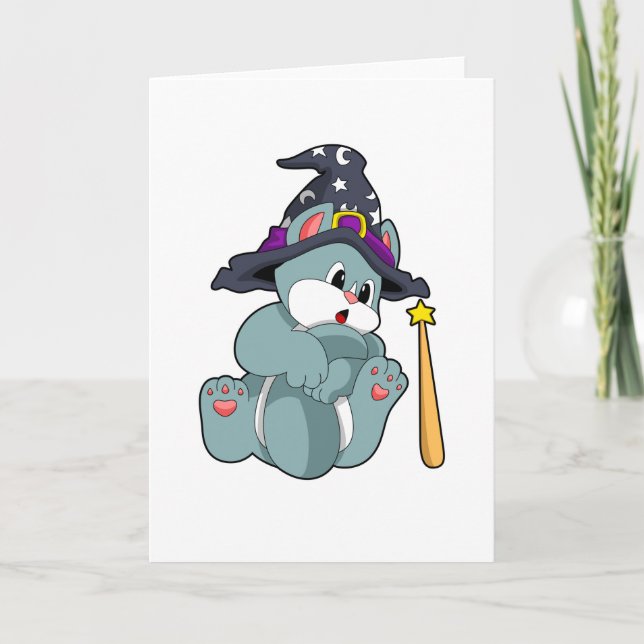 Cat as Wizard with Magic wand & Hat Card (Front)