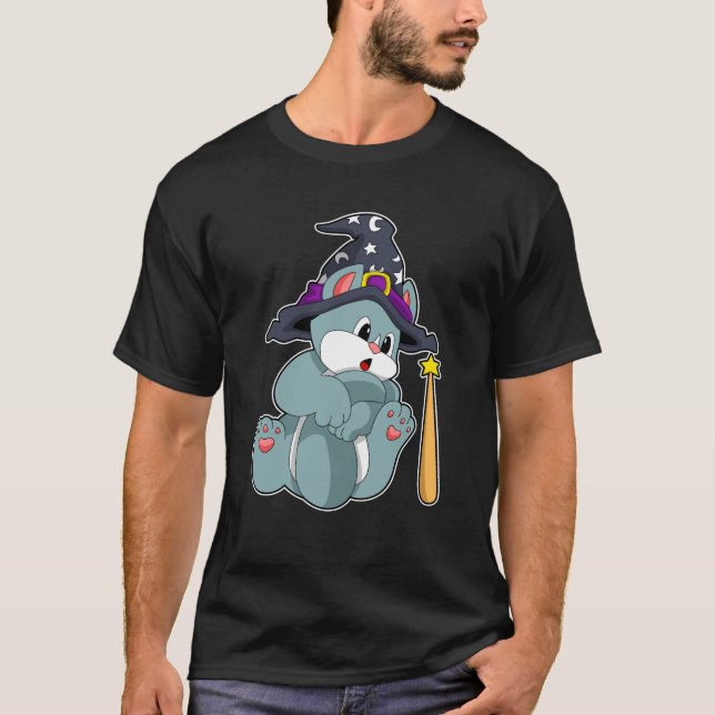 Cat as Wizard with Magic wand & Hat T-Shirt (Front)