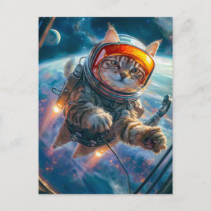Cat astronaut floating in deep space scene holiday postcard
