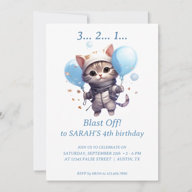 Cat Astronaut for Kids: Birthday Party Invitation (Front)