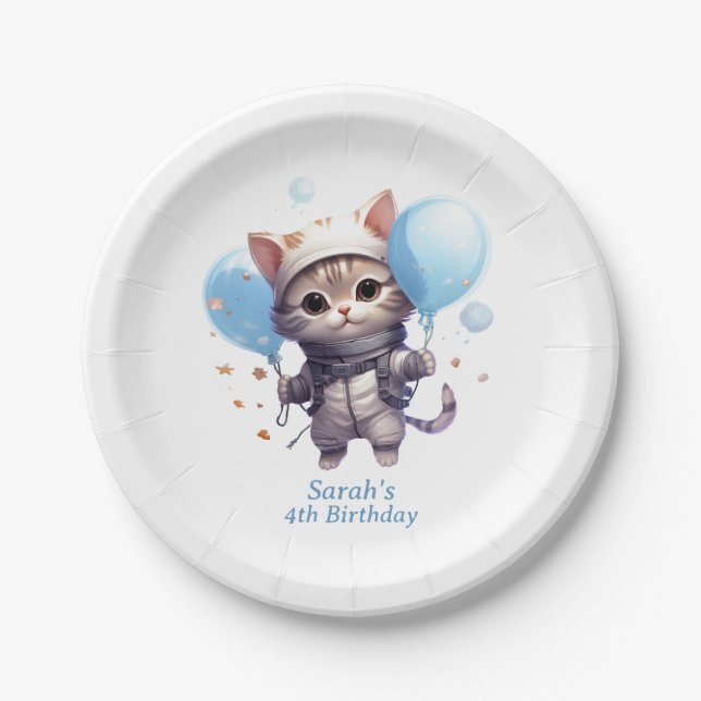 Cat Astronaut for Kids: Birthday Party Plate (Front)