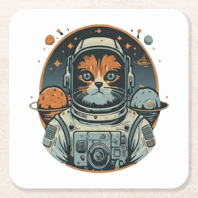 Cat-astronaut on Asteroids Square Paper Coaster (Front)