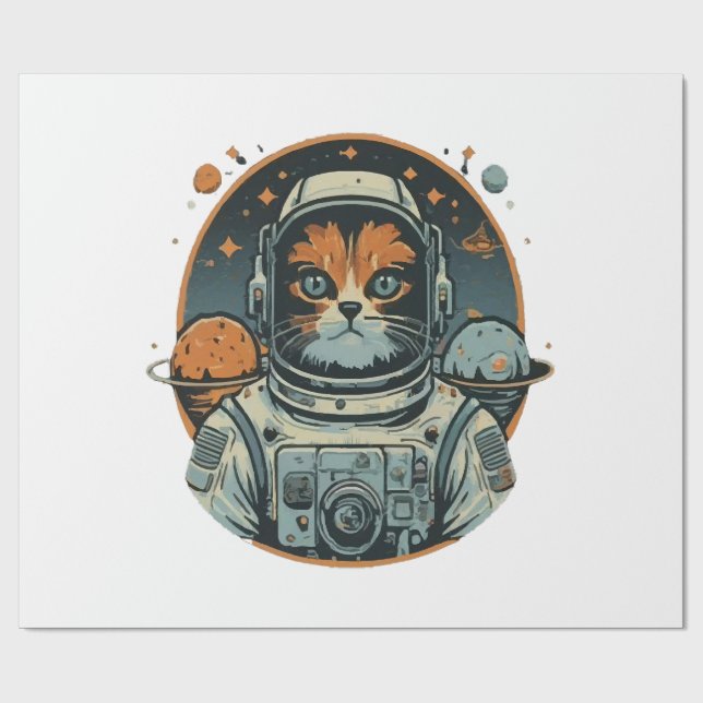Cat-astronaut on Asteroids Wrapping Paper (Flat)