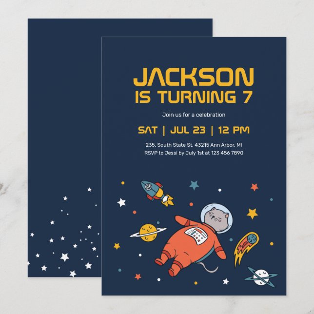 Cat Astronaut Outer Space Kids Birthday Invitation (Front/Back)