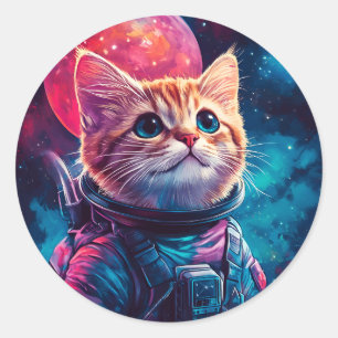 Cat astronaut pink space classic round sticker