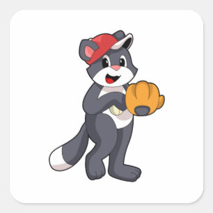 Cat at Baseball with Baseball glove.PNG Square Sticker