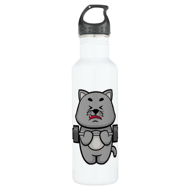 Cat at Biceps training with Barbell 710 Ml Water Bottle (Front)