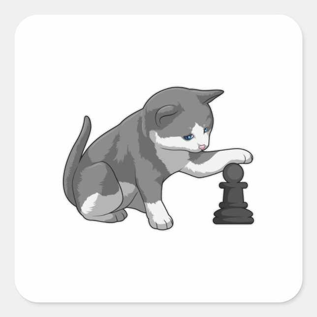 Cat at Chess with Chess piece Bishop Square Sticker (Front)