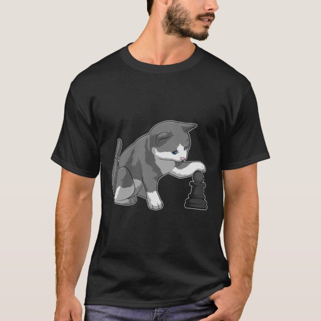Cat at Chess with Chess piece Bishop T-Shirt (Front)