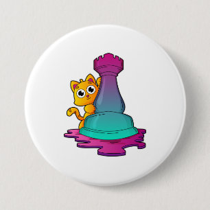 Cat at Chess with Chess piece Rook 7.5 Cm Round Badge