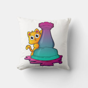 Cat at Chess with Chess piece Rook Cushion