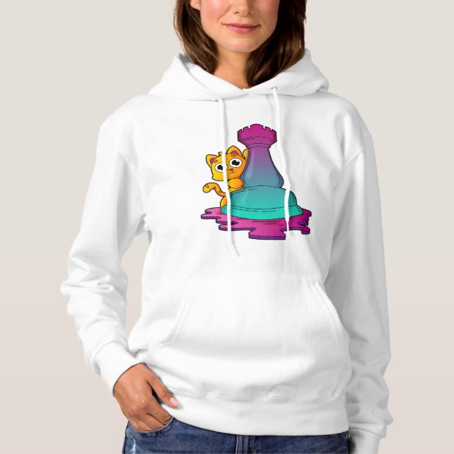 Cat at Chess with Chess piece Rook Hoodie (Front)