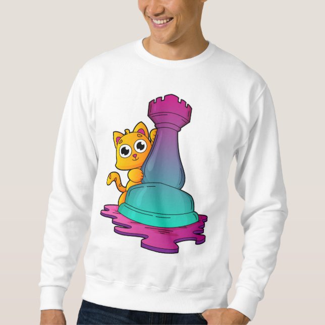 Cat at Chess with Chess piece Rook Sweatshirt (Front)