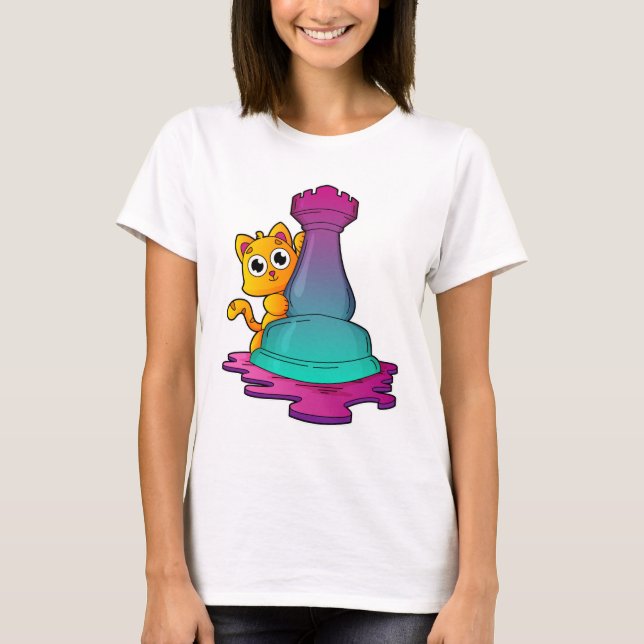 Cat at Chess with Chess piece Rook T-Shirt (Front)