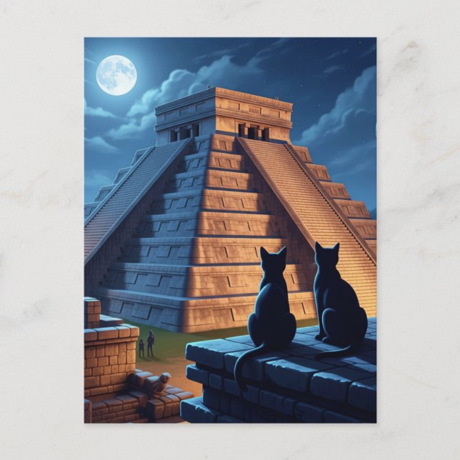 Cat at Chichen Itza Mexico Night Postcard (Front)